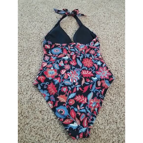 Loft Beach sz 2 Tie Neck Halter Lightly Padded Blue Red Floral 1 Piece‎ Swimsuit - Picture 7 of 12